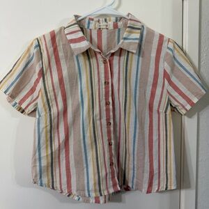 Sky and Sparrow Striped Button Down Cropped Short Sleeve Shirt